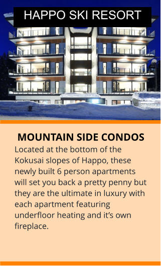 MOUNTAIN SIDE CONDOS Located at the bottom of the Kokusai slopes of Happo, these newly built 6 person apartments will set you back a pretty penny but they are the ultimate in luxury with each apartment featuring underfloor heating and it’s own fireplace. HAPPO SKI RESORT