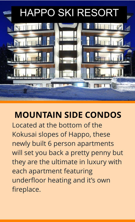 MOUNTAIN SIDE CONDOS Located at the bottom of the Kokusai slopes of Happo, these newly built 6 person apartments will set you back a pretty penny but they are the ultimate in luxury with each apartment featuring underfloor heating and it’s own fireplace. HAPPO SKI RESORT