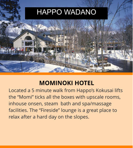 MOMINOKI HOTEL Located a 5 minute walk from Happo’s Kokusai lifts the “Momi” ticks all the boxes with upscale rooms,  inhouse onsen, steam  bath and spa/massage facilities. The “Fireside” lounge is a great place to relax after a hard day on the slopes. HAPPO WADANO