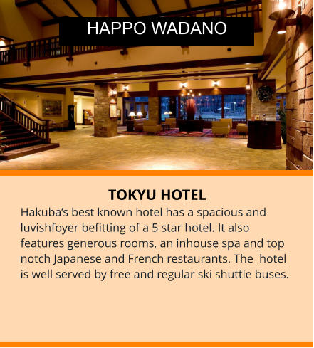 TOKYU HOTEL Hakuba’s best known hotel has a spacious and luvishfoyer befitting of a 5 star hotel. It also features generous rooms, an inhouse spa and top notch Japanese and French restaurants. The  hotel is well served by free and regular ski shuttle buses.  HAPPO WADANO