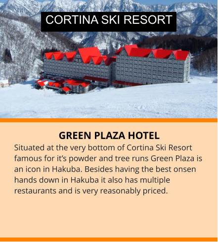 GREEN PLAZA HOTEL Situated at the very bottom of Cortina Ski Resort famous for it’s powder and tree runs Green Plaza is an icon in Hakuba. Besides having the best onsen hands down in Hakuba it also has multiple restaurants and is very reasonably priced. CORTINA SKI RESORT