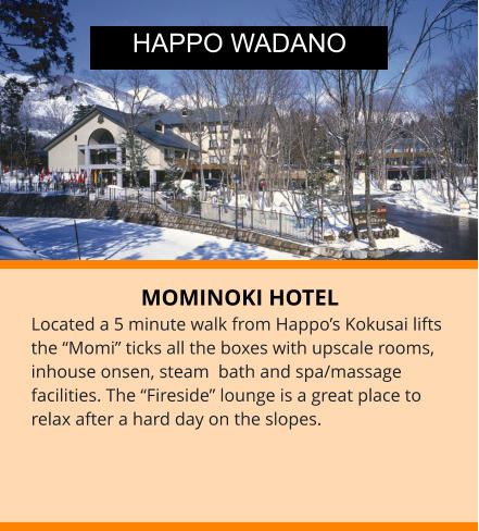 MOMINOKI HOTEL Located a 5 minute walk from Happo’s Kokusai lifts the “Momi” ticks all the boxes with upscale rooms,  inhouse onsen, steam  bath and spa/massage facilities. The “Fireside” lounge is a great place to relax after a hard day on the slopes. HAPPO WADANO