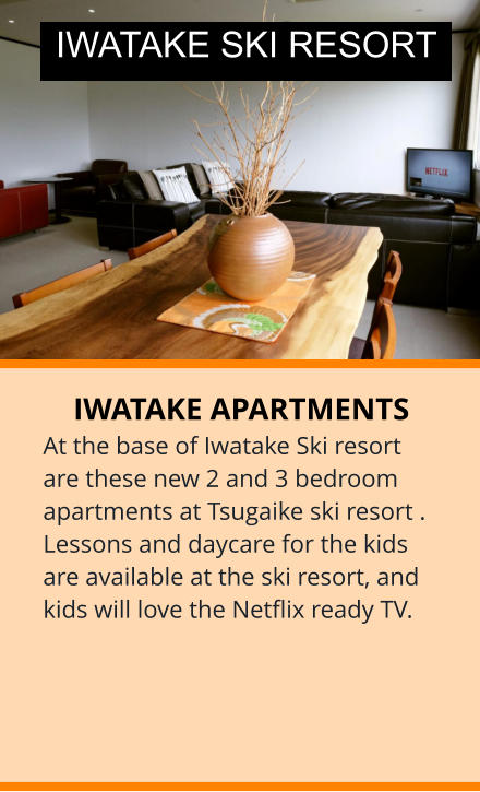 IWATAKE APARTMENTS At the base of Iwatake Ski resort are these new 2 and 3 bedroom apartments at Tsugaike ski resort . Lessons and daycare for the kids are available at the ski resort, and kids will love the Netflix ready TV.  IWATAKE SKI RESORT