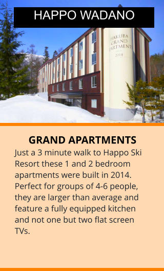 GRAND APARTMENTS Just a 3 minute walk to Happo Ski Resort these 1 and 2 bedroom apartments were built in 2014. Perfect for groups of 4-6 people, they are larger than average and feature a fully equipped kitchen and not one but two flat screen TVs. HAPPO WADANO