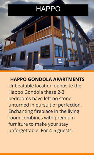 HAPPO GONDOLA APARTMENTS Unbeatable location opposite the Happo Gondola these 2-3 bedrooms have left no stone unturned in pursuit of perfection. Enchanting fireplace in the living room combines with premium furniture to make your stay unforgettable. For 4-6 guests. HAPPO