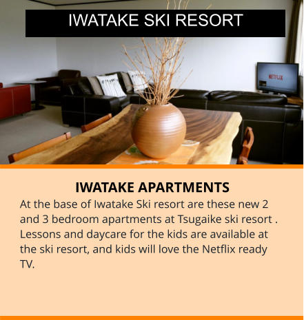 IWATAKE APARTMENTS At the base of Iwatake Ski resort are these new 2 and 3 bedroom apartments at Tsugaike ski resort . Lessons and daycare for the kids are available at the ski resort, and kids will love the Netflix ready TV.  IWATAKE SKI RESORT