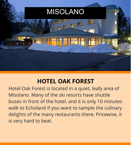 HOTEL OAK FOREST Hotel Oak Forest is located in a quiet, leafy area of Misolano. Many of the ski resorts have shuttle buses in front of the hotel, and it is only 10 minutes walk to Echoland if you want to sample the culinary delights of the many restaurants there. Pricewise, it is very hard to beat.  MISOLANO