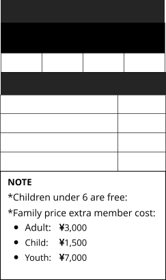 NOTE *Children under 6 are free: *Family price extra member cost:   •	Adult:	3,000 •	Child:	1,500 •	Youth:	7,000