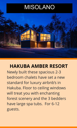 HAKUBA AMBER RESORT Newly built these spacious 2-3 bedroom chalets have set a new standard for luxury airbnb’s in Hakuba. Floor to ceiling windows will treat you with enchanting forest scenery and the 3 bedders have large spa tubs.  For 6-12 guests.  MISOLANO