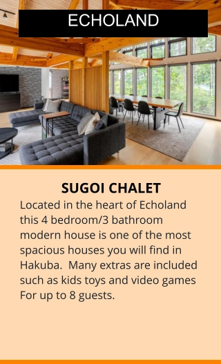 SUGOI CHALET Located in the heart of Echoland this 4 bedroom/3 bathroom modern house is one of the most spacious houses you will find in Hakuba.  Many extras are included such as kids toys and video games For up to 8 guests.  ECHOLAND